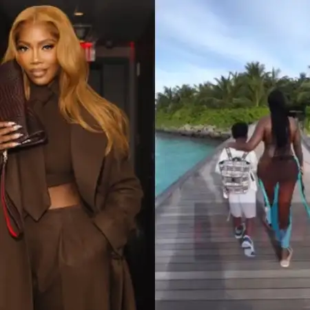 Tiwa Savage under fire over bikini outfit during vacation with son